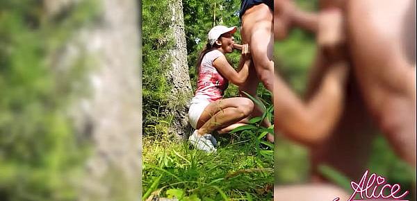  Girlfriend Deepthroat and Doggystyle Fucking in the Wood - Creampie